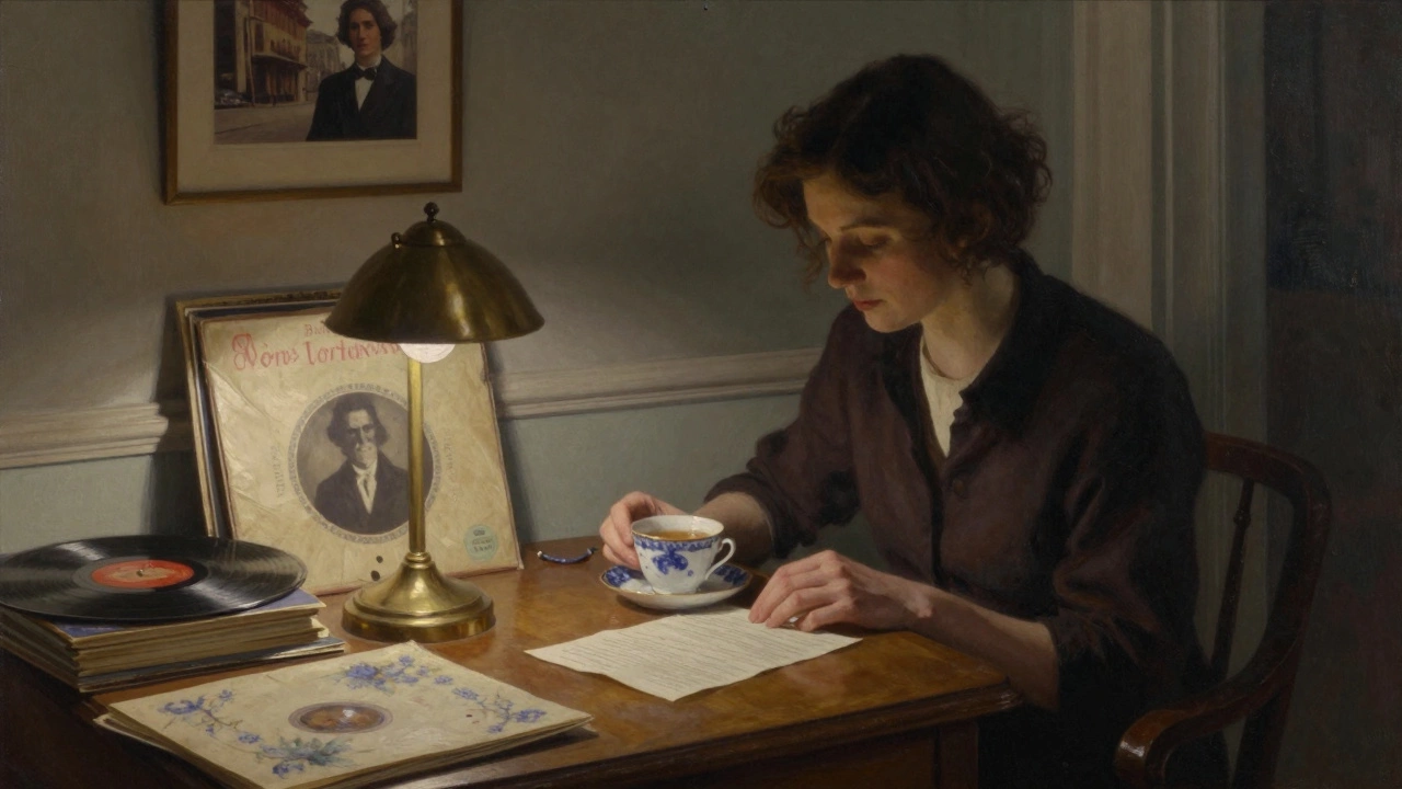 A woman sits at a wooden table in a Paris apartment, surrounded by books and vinyl records, lit by a single lamp.