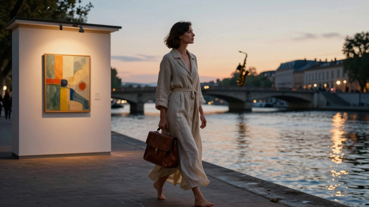 A woman walks barefoot along the Seine at sunset, carrying a satchel, with a gallery glowing in the distance.