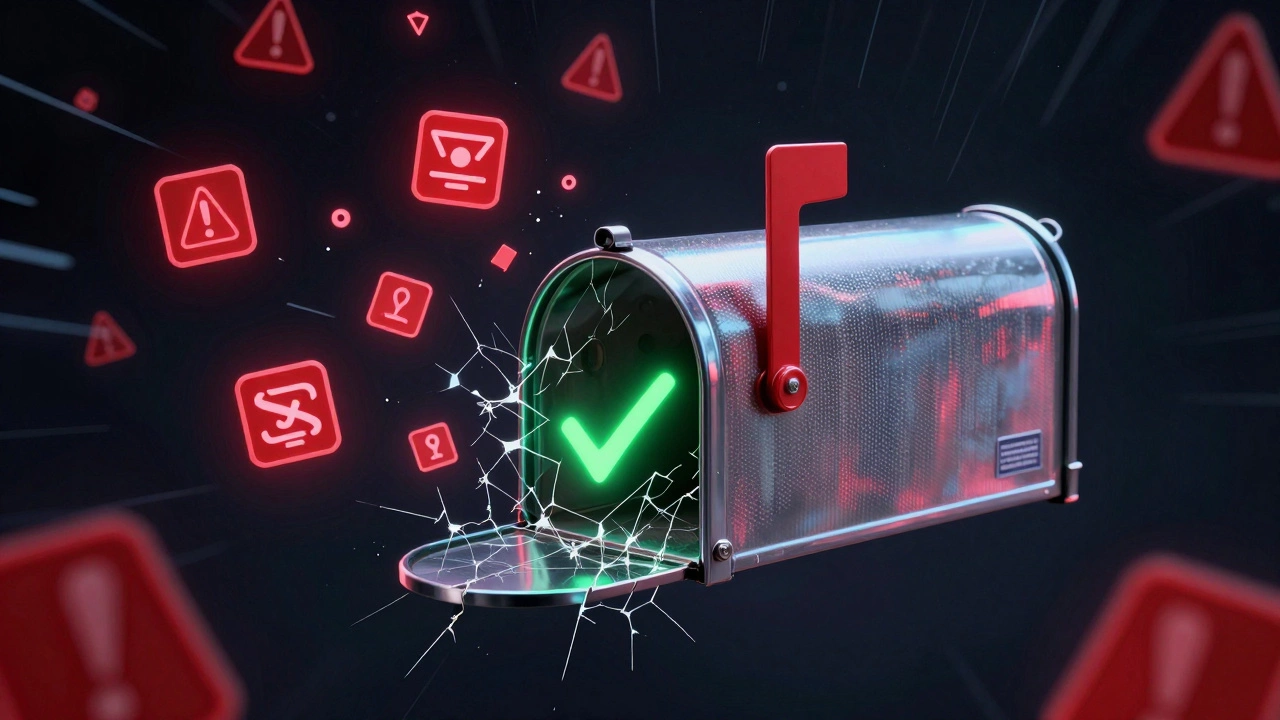 Fragile mailbox under attack by digital spam filters, one green checkmark glowing faintly.