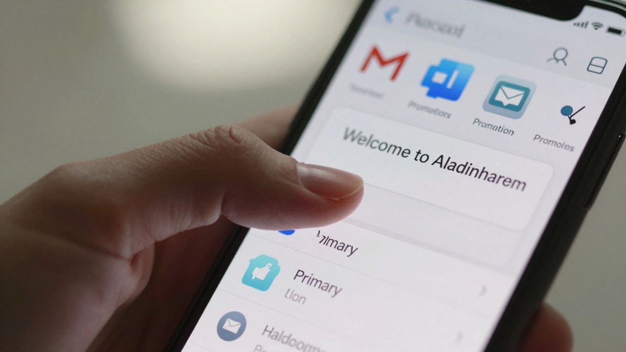 Hand dragging a welcome email from promotions tab to primary inbox on smartphone.